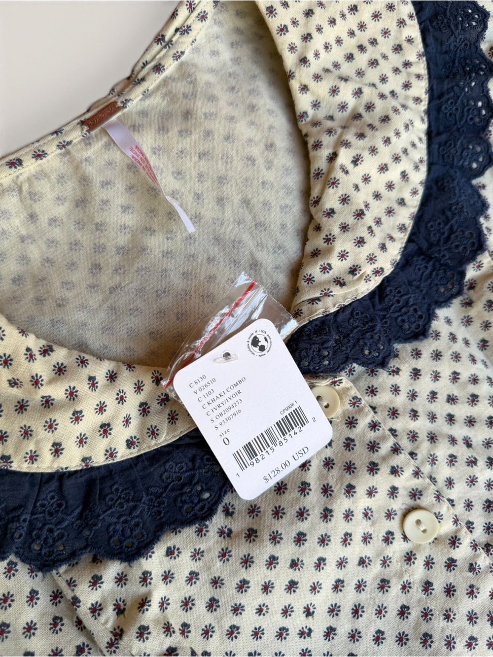Free People Cream Polka Dot Bibbed Mini Dress with Navy Lace Trim - Picture 3 of 4